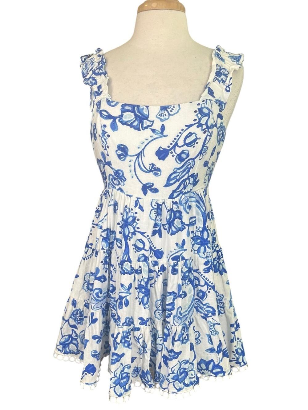 Aqua Blue White Linen Mini Dress Size Small Tiered Fit Flare Summer Vacation